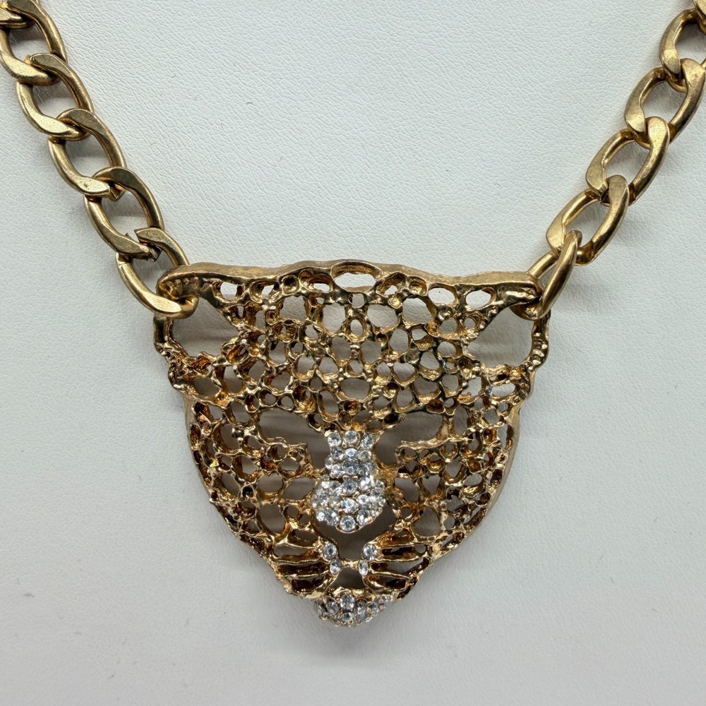 Vintage Y2K Gold Tone Rhinestone Cheetah Panther Lion Head Statement Necklace